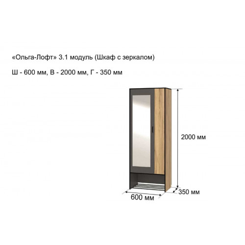 Шкаф 2-х створчатый с зеркалом Ольга-Лофт 3.1
